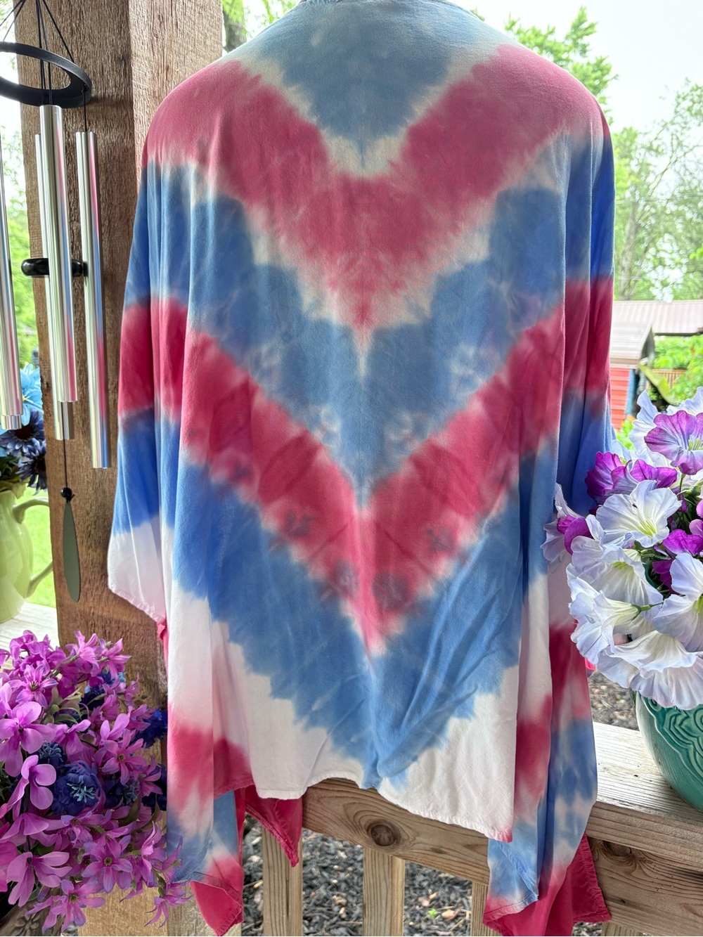 Mm Mm Mm Tie Dye Red White Blue Flowy Open Front Kimono Cardigan or Cover M - Picture 8 of 9